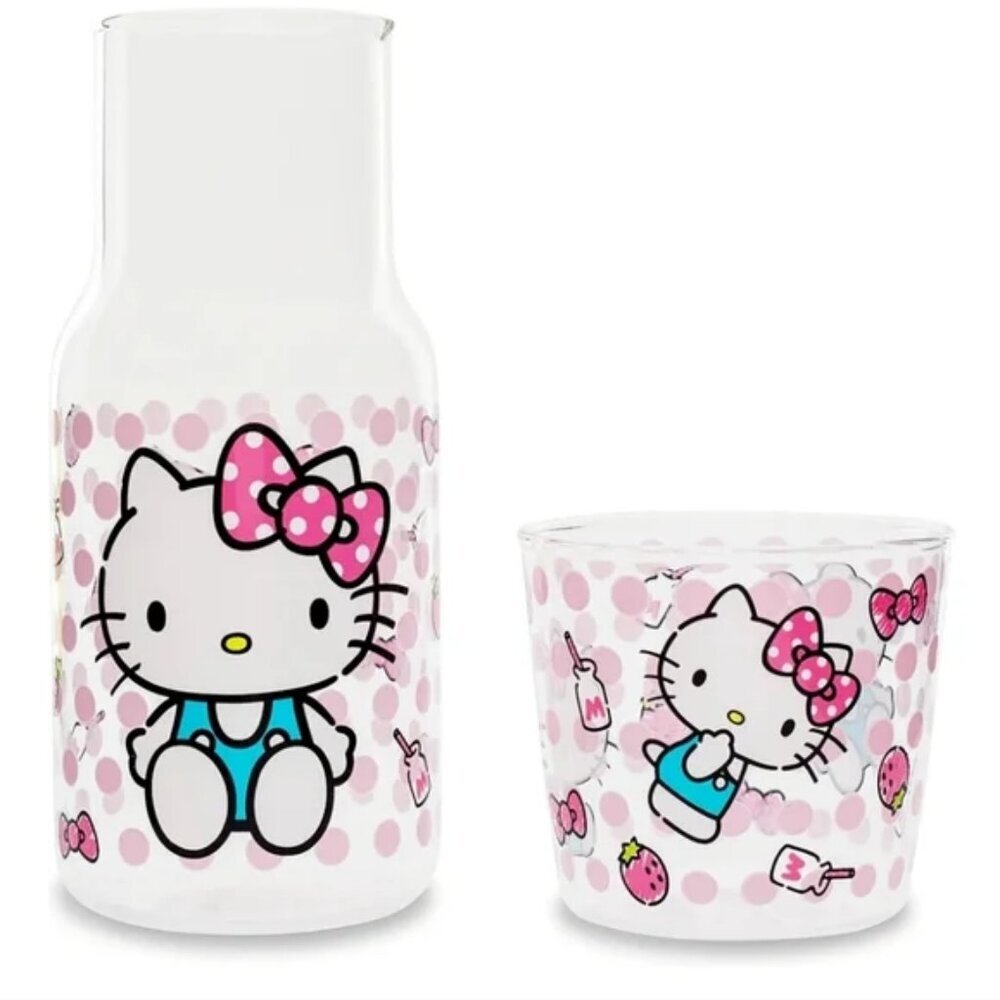 NIB Sanrio Hello Kitty Glass Water Pitcher With Cup 18oz